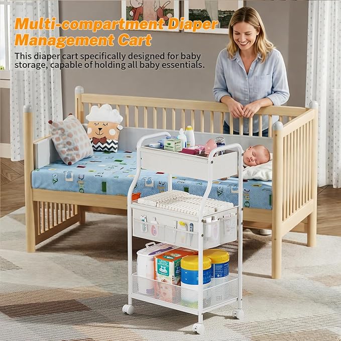 3-Tier Diaper Caddy Organizer & Rolling Cart, Metal Utility Cart - Image 5