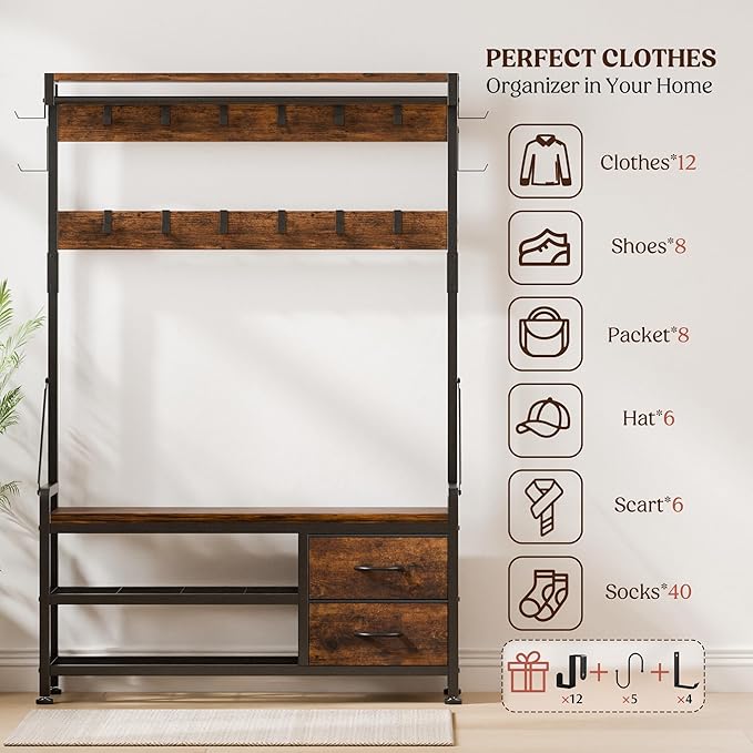 Lulive Hall Tree with Bench and Shoe Storage, 39.4” Entryway Bench with Coat - Image 3