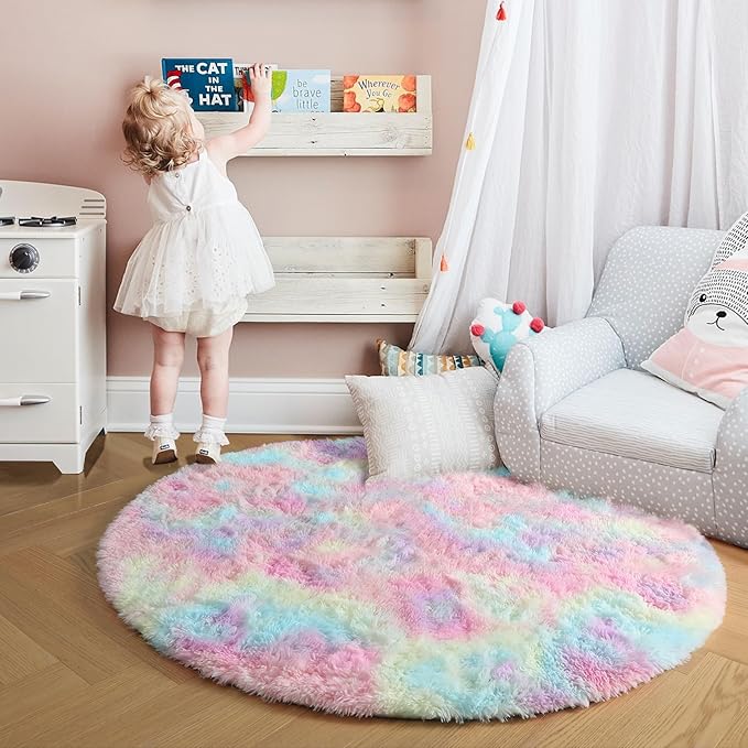 Amdrebio Rainbow Fluffy Round Rug 4Ft Kids Rugs - Image 9