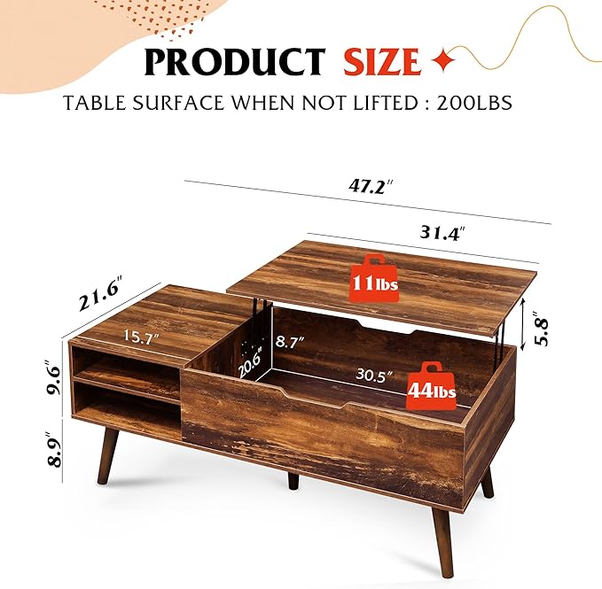 WLIVE Coffee Table, 47“ Lift Top Coffee Tables - Image 3