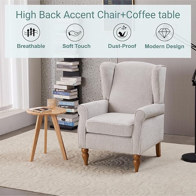 Coffee Table & Armchair Set, High-Back Wingback Chair - Image 7