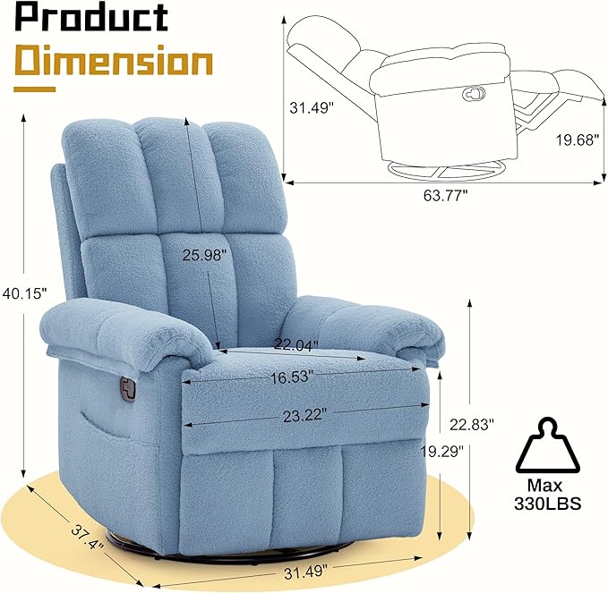Korser Recliner Chair, Swivel Rocker Recliner Chair - Image 2