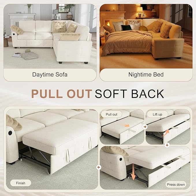 Hanherry Sectional Couch with Pull Out Sofa Bed, Chenille Sleeper Sofa with 2 - Image 5