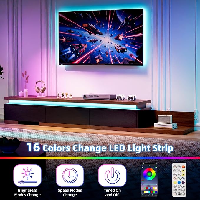 Extendable TV Stand with LED Lights, Modern TV Console with 3 Drawers, Wooden - Image 3
