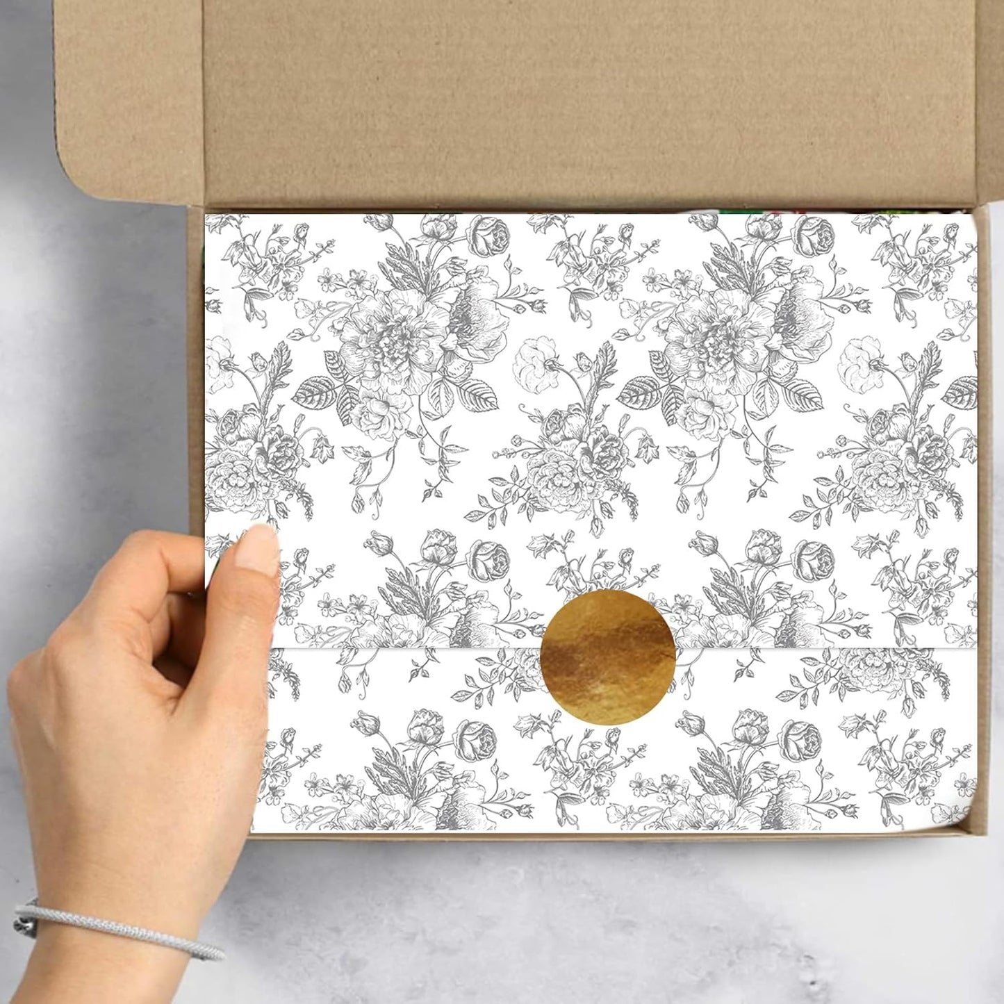 JarThenaAMCS 100 Sheets Floral Tissue Paper Silver Flower Gift Wrapping Paper Vintage Decorative Art Paper for Home Party DIY Crafts Supplies, 14 x 20 Inch