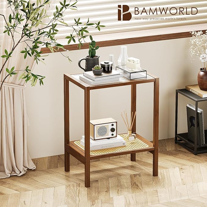 Bamworld Rattan Side Table Living Room Glasstop Night Stand Boho End Table - Image 3