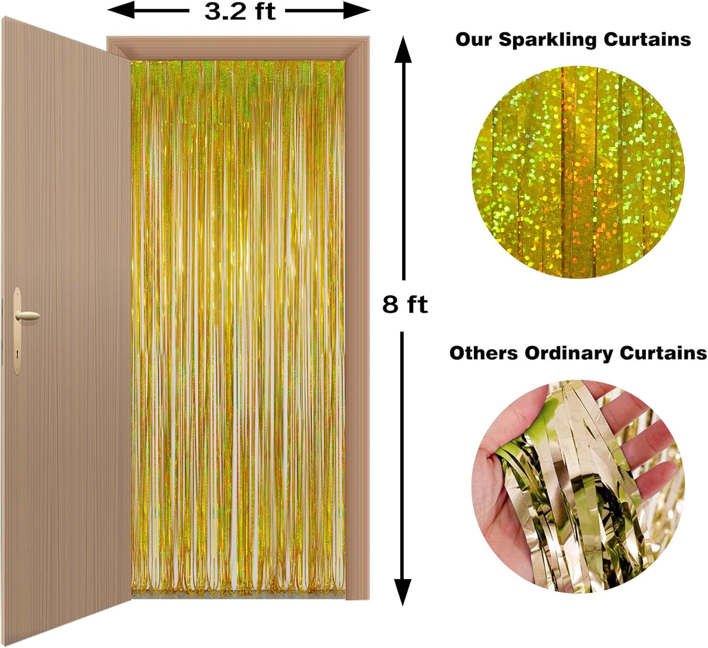 Foil Fringe Curtains Happy Retirement Decorations - Melsan 3 Pack 3.2 x 8.2 ft Gold Tinsel Curtain Party Photo Backdrop for Birthday Party Baby Shower or Graduation