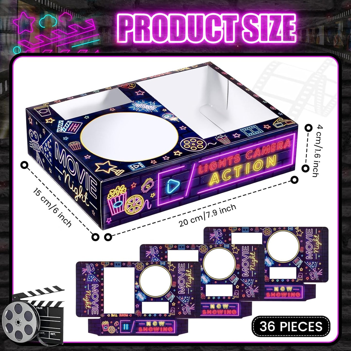 Faccito 36 Pcs Movie Night Snack Trays Movie Theater Snack Boxes Night Supply Disposable Paper Holder Tray for Popcorn Food Candy Drink Party 8 x 6 Inch(Black Purple,Classic Style)