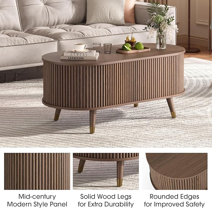 SULIVES Oval Coffee Table with Storage, Small Fluted Center Table - Image 4