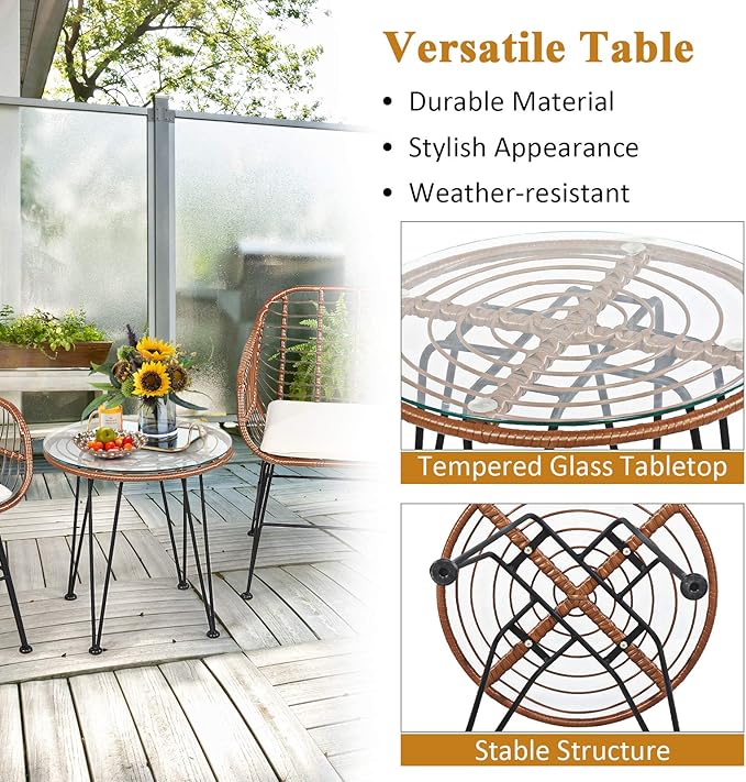 Tangkula 3 Pieces Patio Conversation Bistro Set, Outdoor Wicker Furniture - Image 6