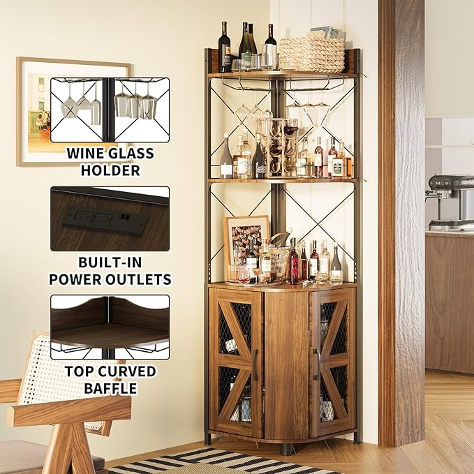 Corner Bar Cabinet with LED Lights and Power Outlet, 63 Inch, 5-Tier Industrial - Image 4