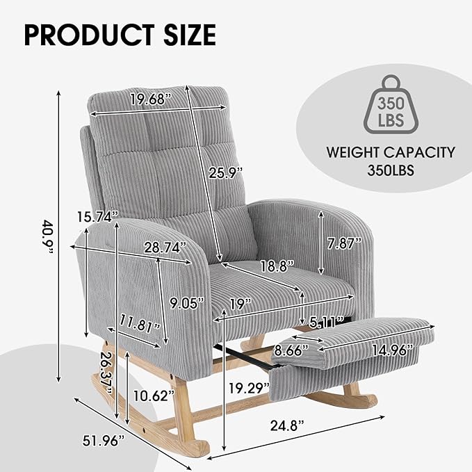 NIOIIKIT Nursery Rocking Chair, Corduroy Upholstered Rocking Chair - Image 2