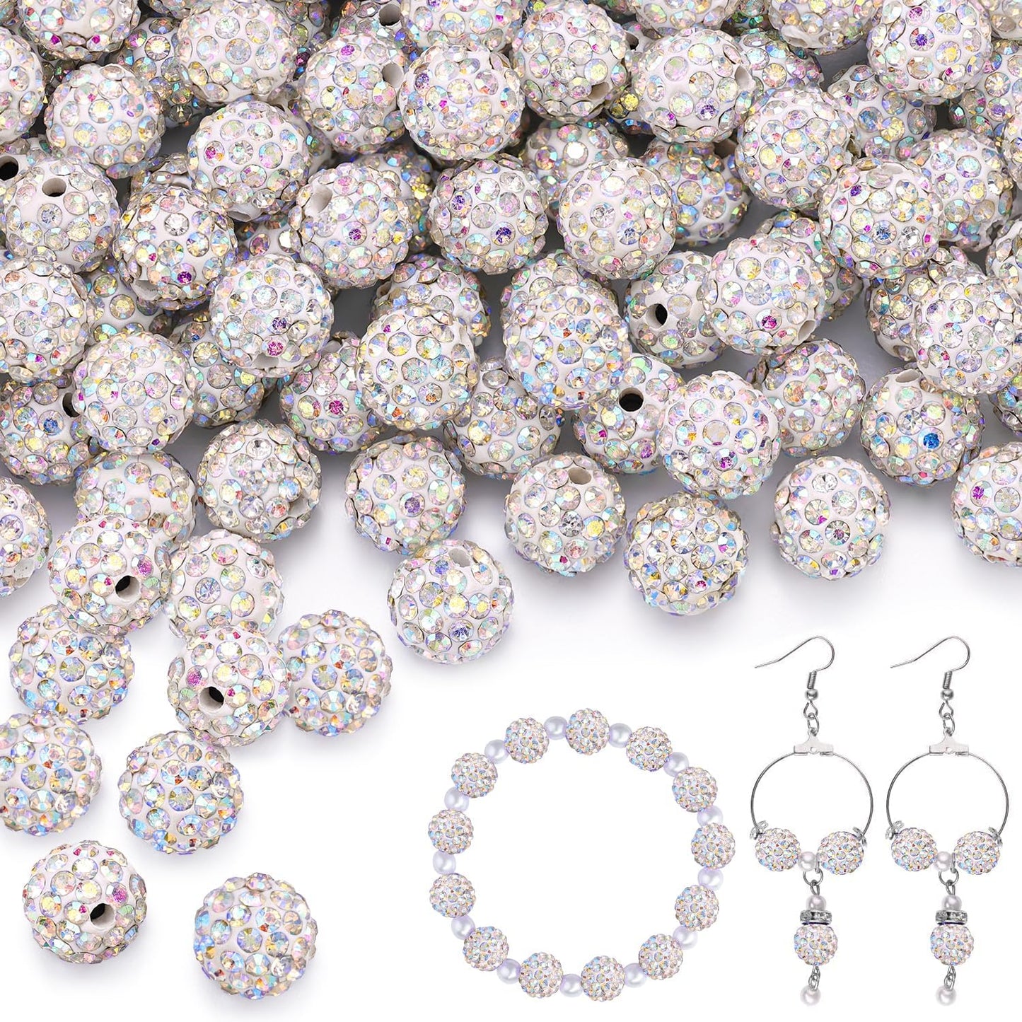 150 pcs 10mm Rhinestone Beads for Jewelry Making, Crystal AB Shiny Round Shamballa Disco Beads Bulk, Sparkle Crystal Clay Christmas for Bracelet Baseball Necklace Earring Crafting and DIY