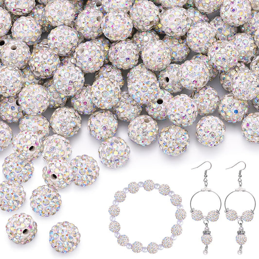 200pcs 10mm Crystal AB Rhinestone Beads for Jewelry Making, Shiny Round Shamballa Disco Ball Beads Bulk, Sparkle Crystal Clay Christmas for Bracelet Baseball Necklace Earring Crafting and DIY