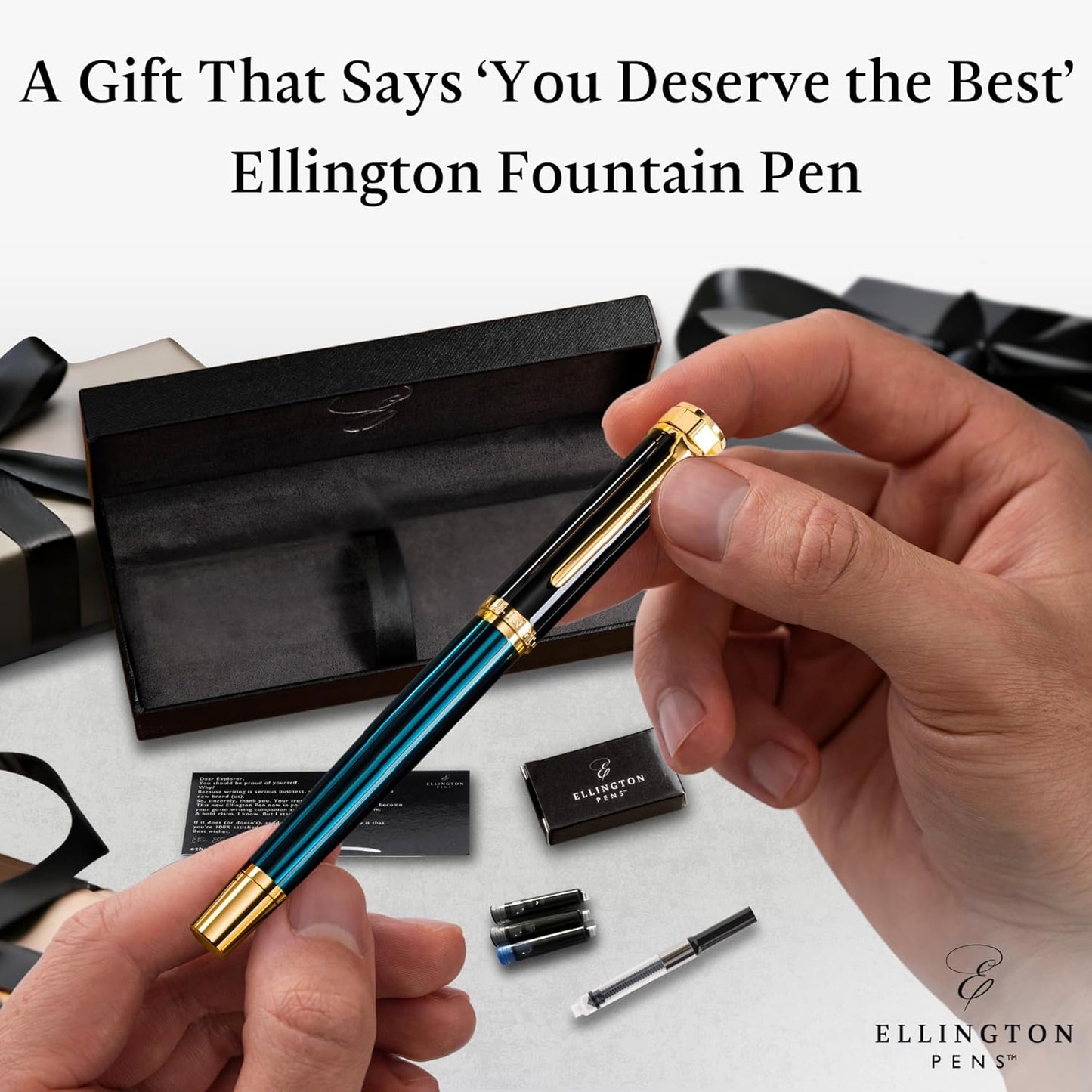 Ellington Pens Luxury Fountain Pen Set- Fountain Pens for Writing - Smooth Extra Fine Nib - Includes Refillable Ink Converter, 3 Ink Cartridges [Black & Blue], Gift Box - Elegant Calligraphy