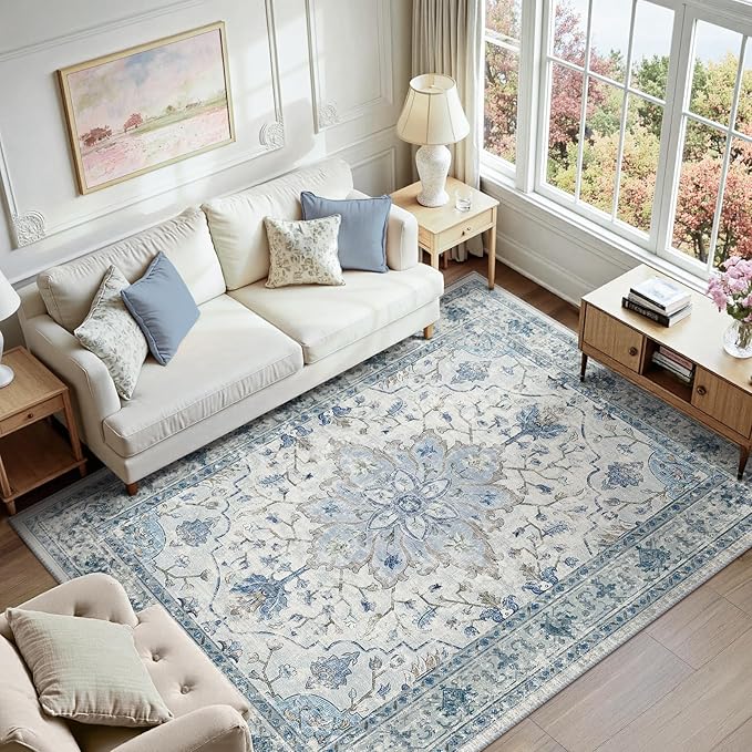 RELEANY Area Rugs 6'x9' Washable Non-Slip, Floral Vintage Distress Print by RELEANY