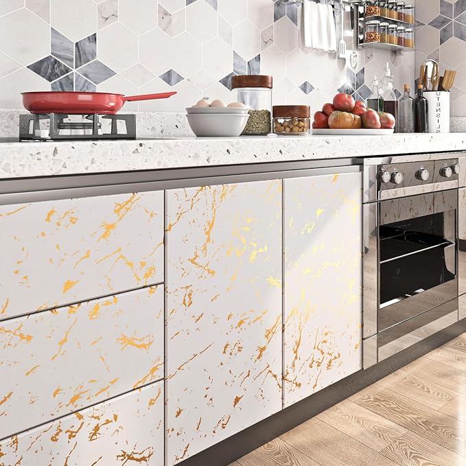 FunStick 36"x200" Cream White and Gold Wallpaper Peel and Stick Marble Contact - Image 4