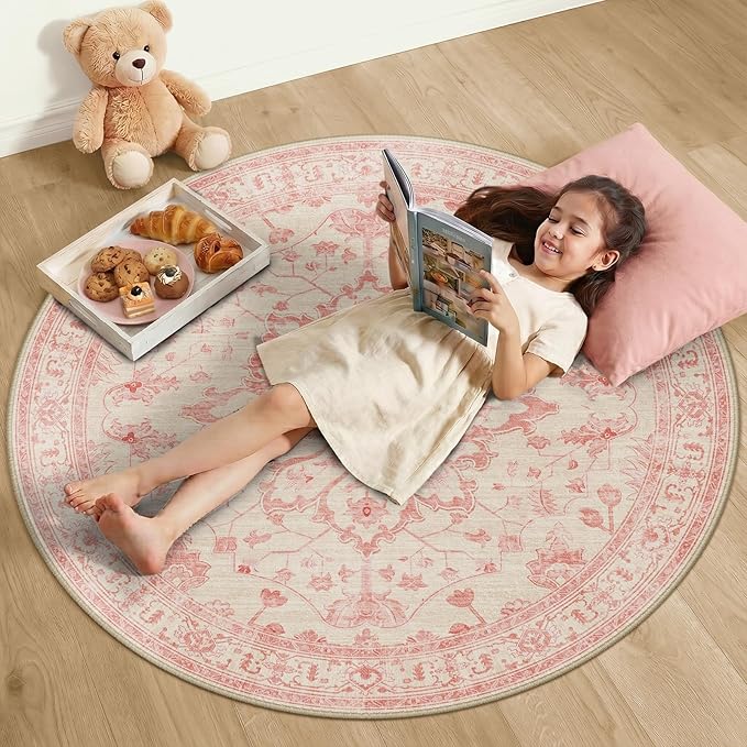 RELEANY Area Rugs Round 4ft Washable Non-Slip, Floral Vintage Distress Print by RELEANY