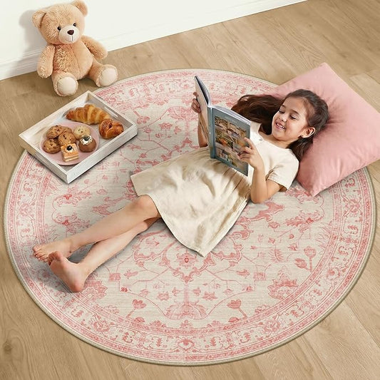 RELEANY Area Rugs Round 4ft Washable Non-Slip, Floral Vintage Distress Print by RELEANY