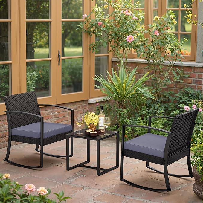 Greesum 3 Pieces Outdoor Furniture Set Patio Bistro Rocking Chairs - Image 5