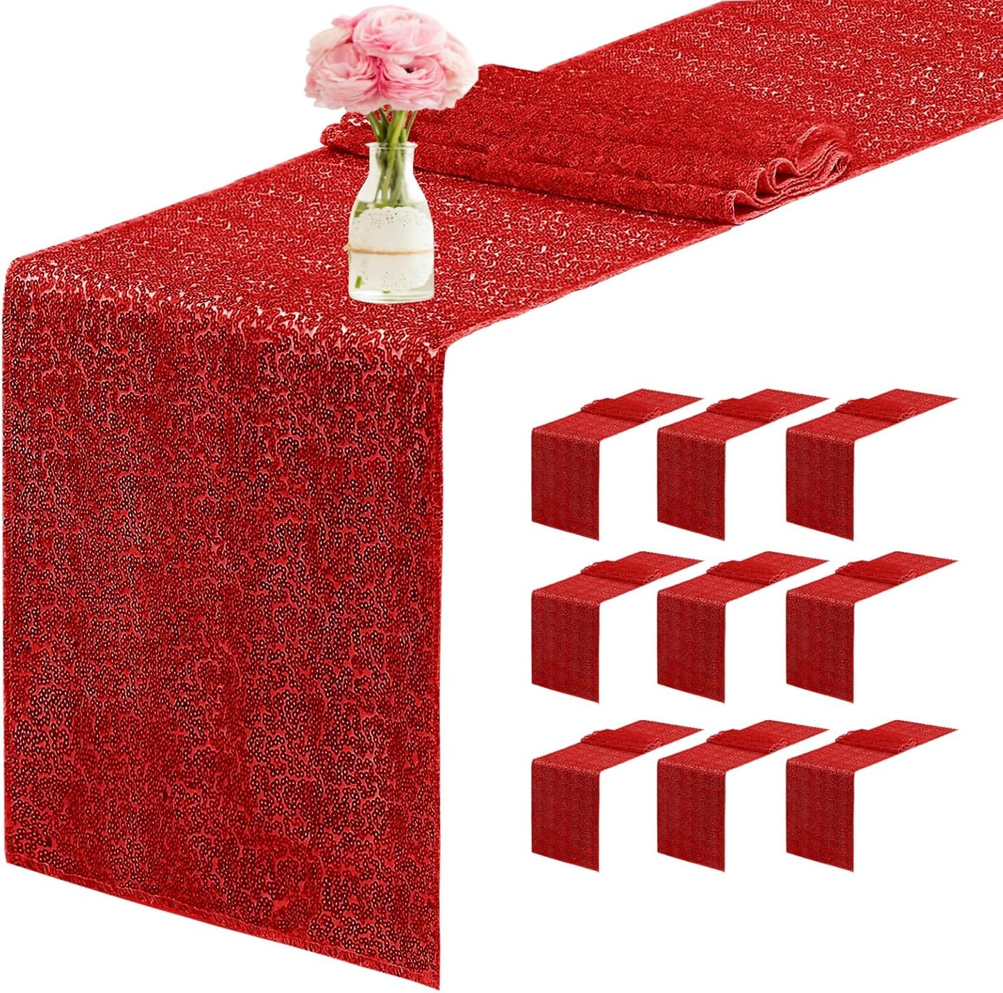 10 Packs 12 x 72 inches Sequin Table Runner, Red Glitter Table Runner for Birthday Party Supplies Wedding Engagement Baby Shower Holiday Celebration Event Decorations
