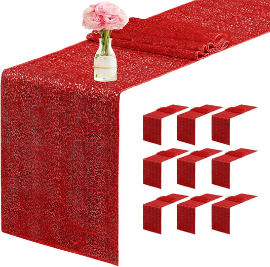 10 Packs 12 x 72 inches Sequin Table Runner, Red Glitter Table Runner for Birthday Party Supplies Wedding Engagement Baby Shower Holiday Celebration Event Decorations
