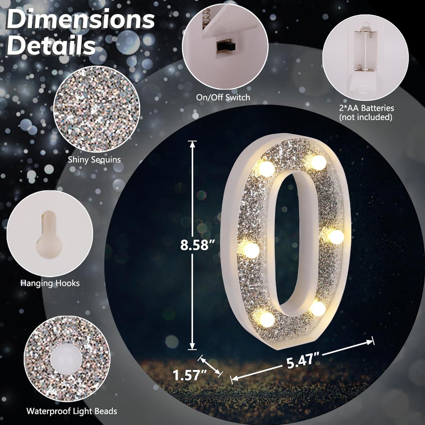 Marquee Light Up Letters, Glitter Silver LED Letter Lights Battery Powered Alphabet Letter Sign for Night Light Wedding Birthday Party Cafe Bar Decoration Girls Room Decor - Number 0