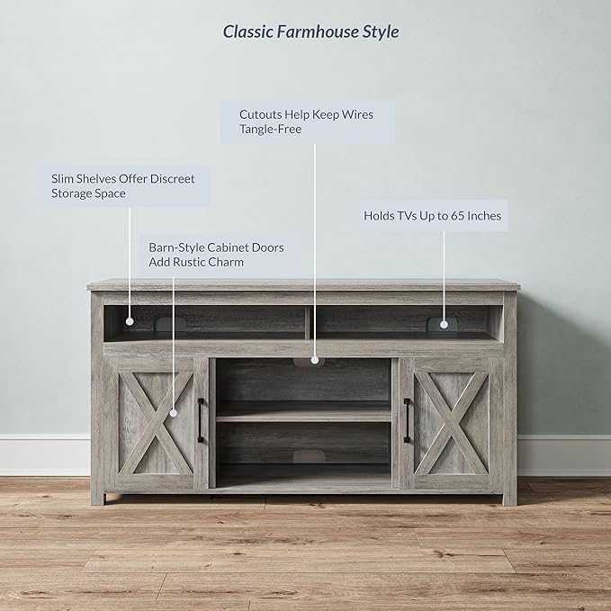 BELLEZE Modern 58 Inch Barn Door Wood TV Stand & Media Entertainment Center - Image 5