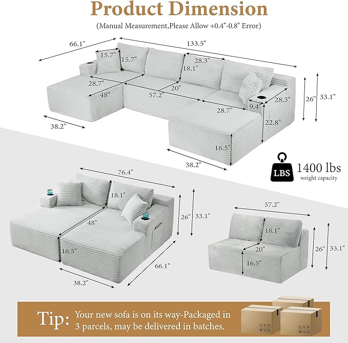 133" Sectional Couches for Living Room Cloud Couch Sofa - Image 2