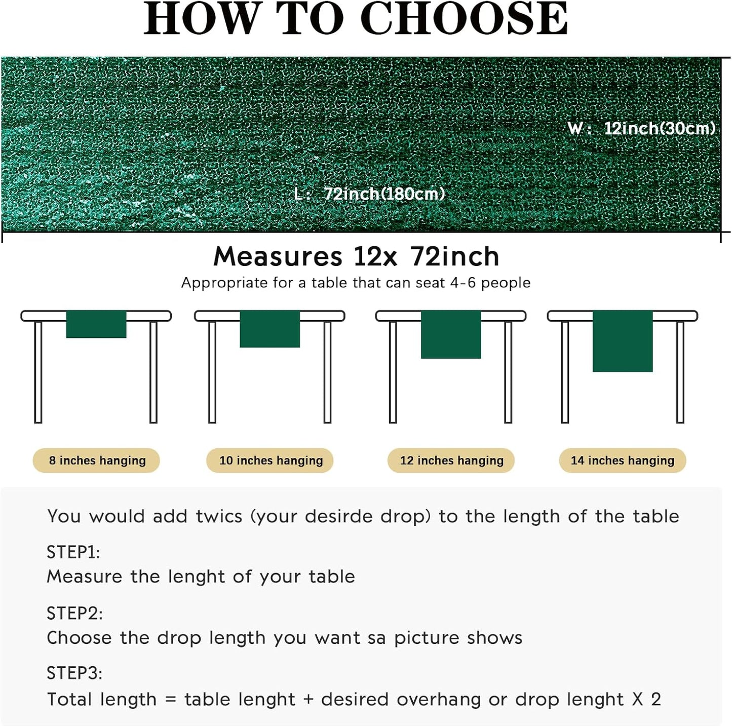 2 Packs 12 x 72 inches Sequin Table Runner, Hunter Green Glitter Table Runner for Birthday Party Supplies Wedding Engagement Baby Shower Holiday Celebration Event Decorations