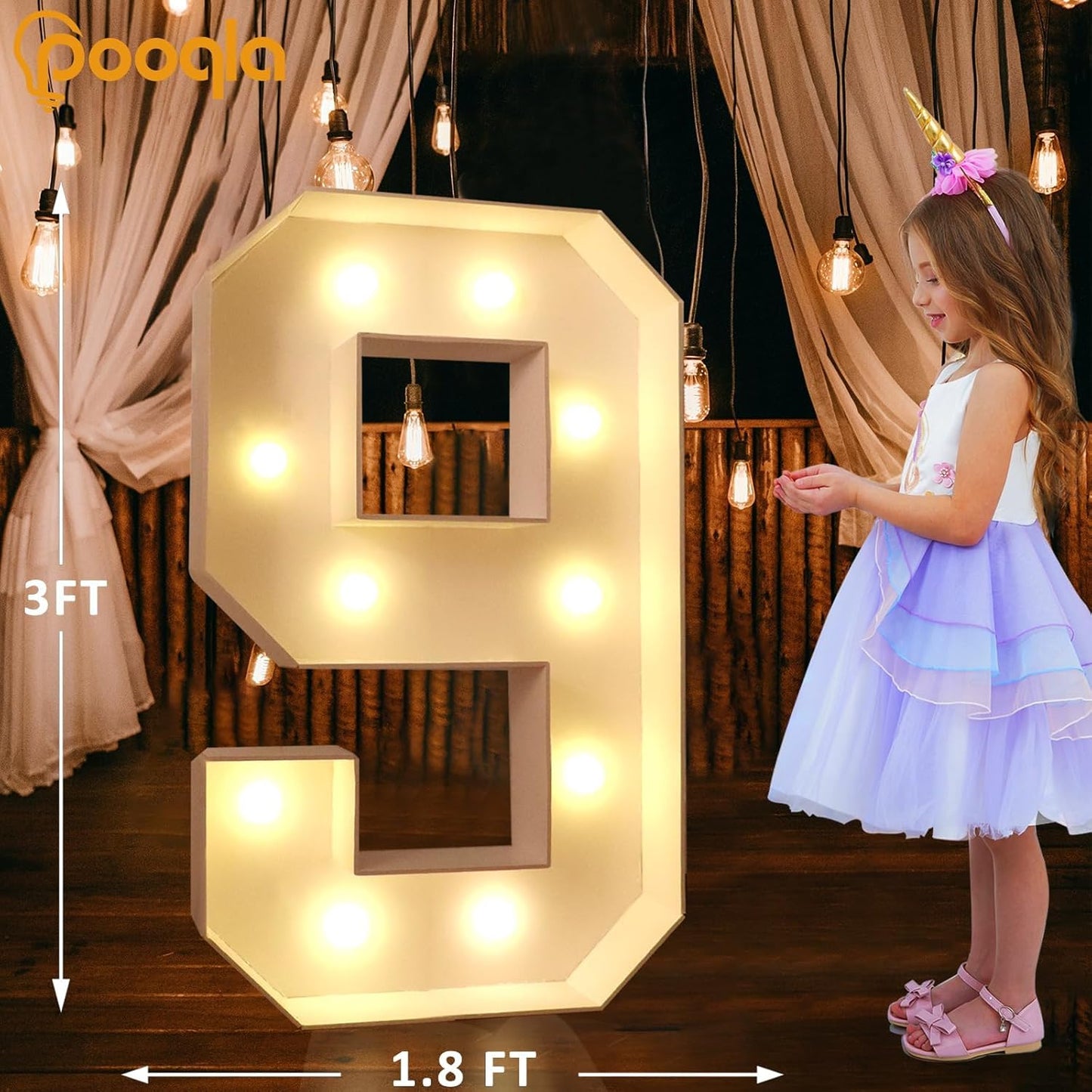 Pooqla 3FT Light Up Marquee Numbers, LED Large Lighted Marquee Numbers, Giant LED Light Up Mosaic Number for Balloon 9th 19th 90th Birthday Decoration Party Decor, Cool White and Warm White Number 9