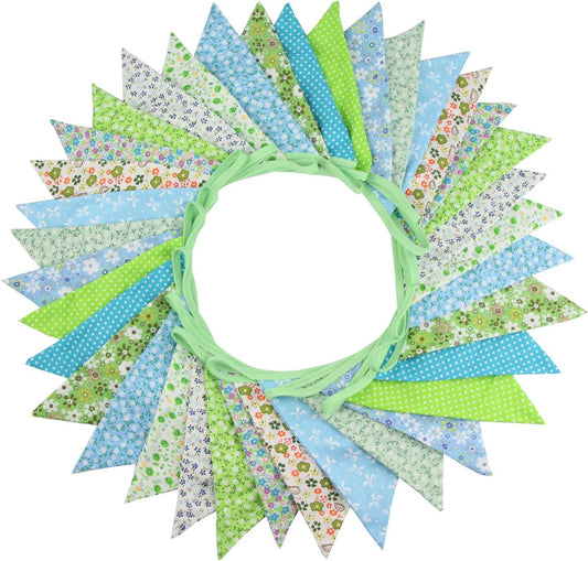 10M/32Ft Triangle Bunting Banner, 36 Pcs Cotton Fabric Flags Pennant Garlands for Birthday Party, Wedding, Baby Shower, Outdoor and Home Decorations (Green)