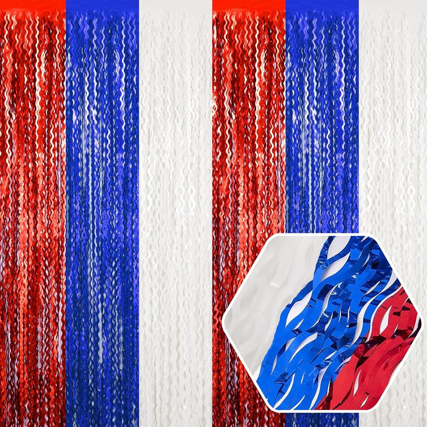 4 Pack White Blue Red Wave Foil Fringe Curtain Backdrop, 3.28Ft x 8.2Ft Metallic Tinsel Foil Fringe Streamer Curtains for Photo Booth, Mother's Day, Easter, Birthday, Wedding Party Decoration