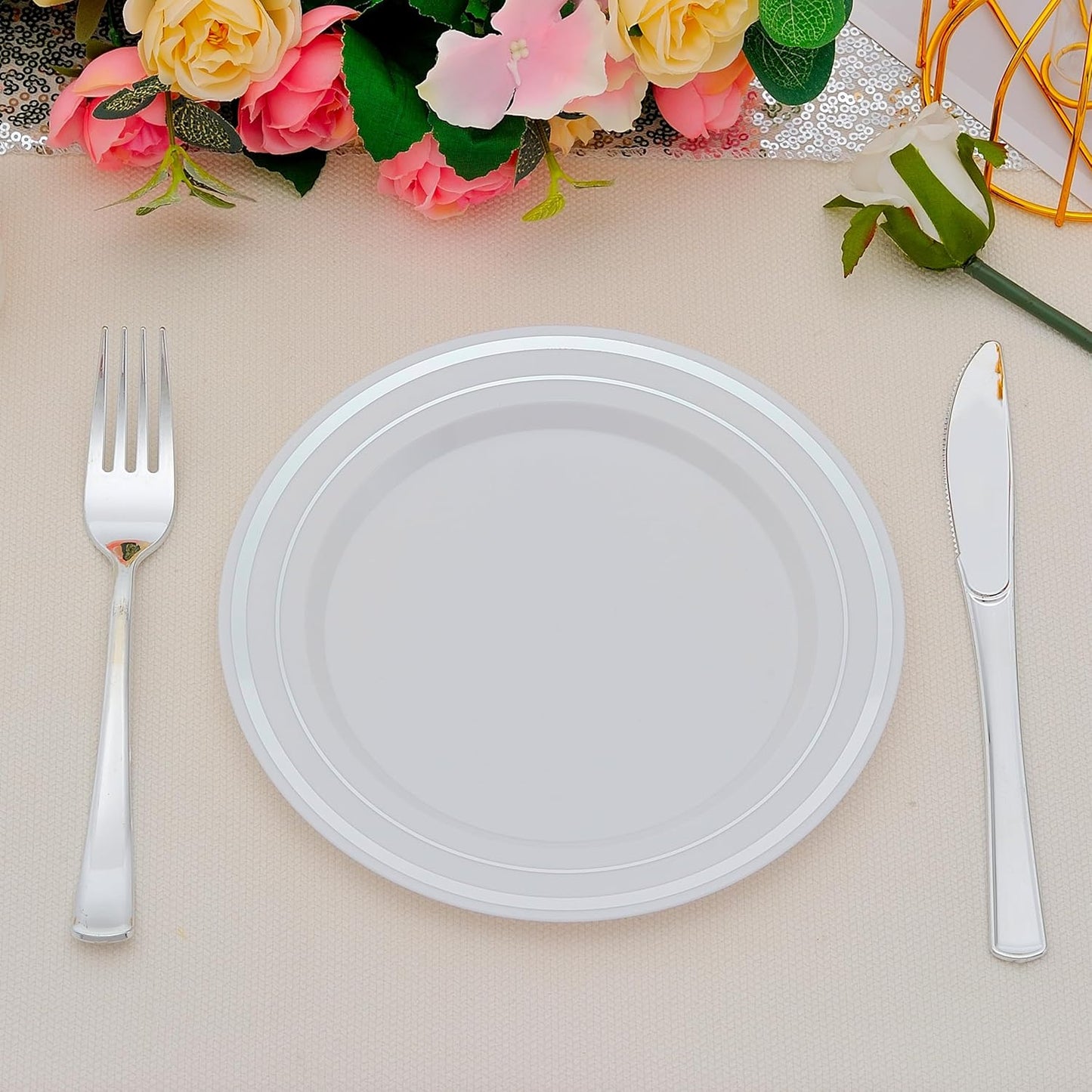 200pcs Silver Dessert Plates with Forks for 100 Guests-100pcs 7.5" Disposable Silver and White Small Plates with 100pcs 7.4" Forks-Cake/Appetizer/Salad Plate for Wedding,Birthday,Party