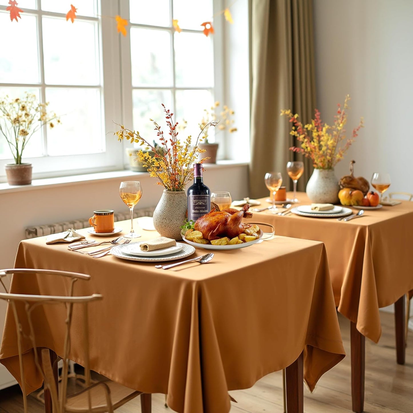 sancua Thanksgiving Square Tablecloths 85x85 Inch Bronze, 2 Pack - Fabric Fall Table Cloth for Square or Round Tables, Washable Polyester Table Cover for Dinner, Holiday Party, Display Tables