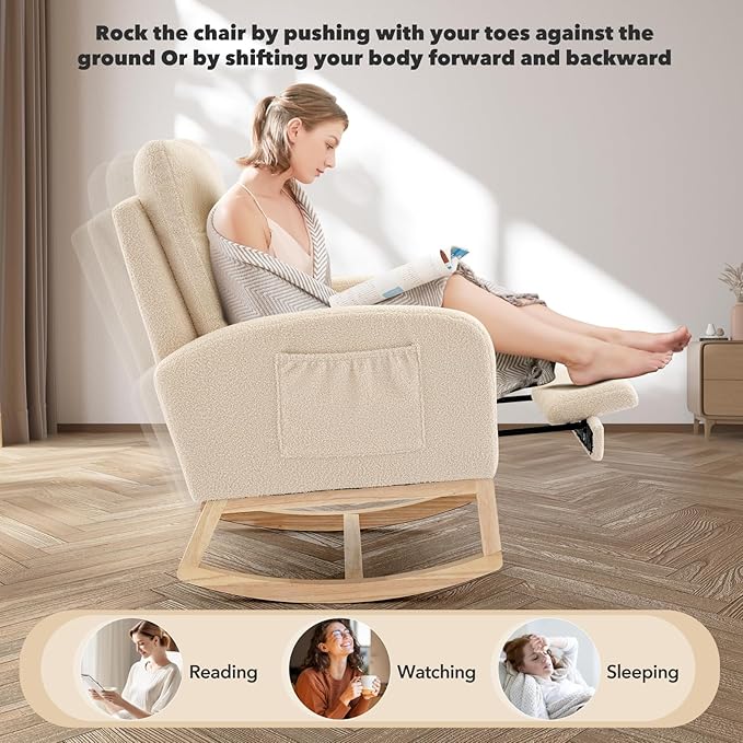 Nursery Rocking Chair with Foot Rest, High Back Upholstered Glider Rocker Chair - Image 3
