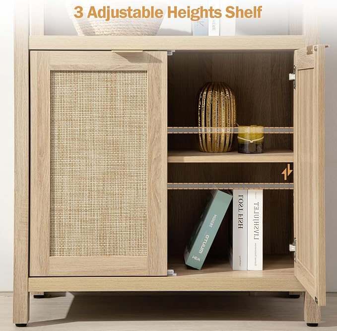 SICOTAS Bookshelf 5 Tier Book Shelf Rattan Boho 71" Tall Bookcase - Image 6