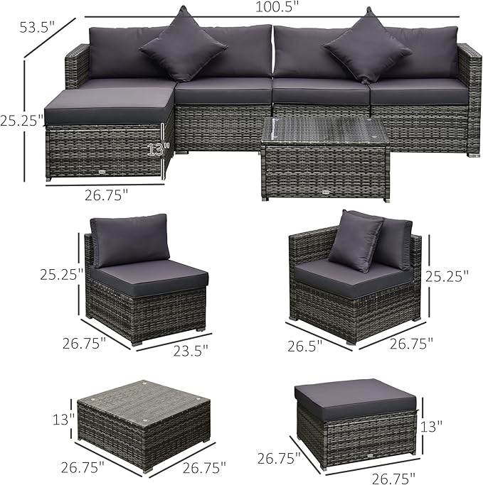 Outsunny 6 Piece Patio Furniture Set Outdoor Wicker Conversation Set All - Image 7