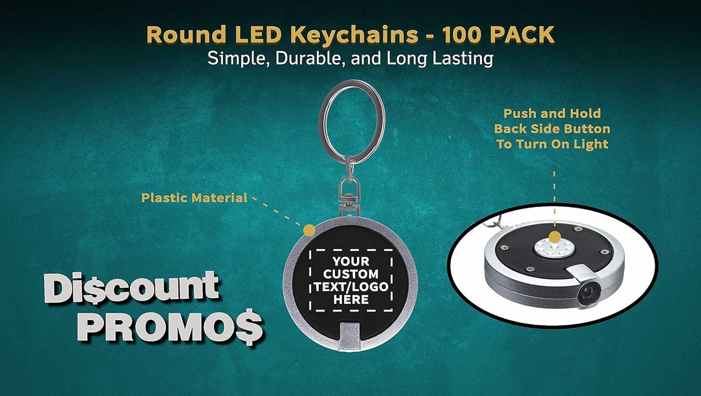DISCOUNT PROMOS 100 Round LED Keychains - Customizable Text, Logo - Battery included, Plastic - Black