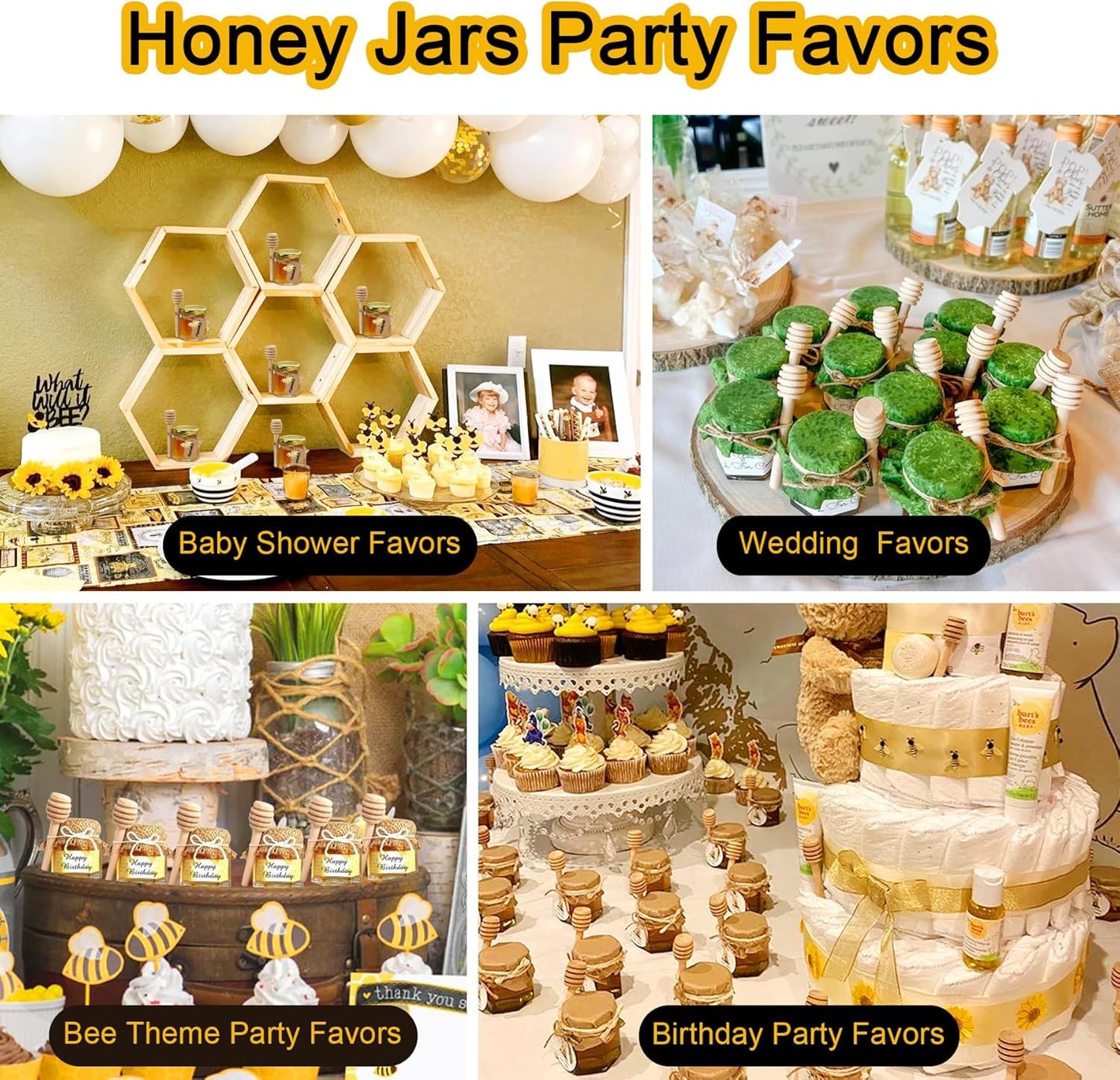 Aliggbent 48 Pack Mini Honey Jars Party Favors in Bulk, 1.5 oz Small Hexagon Glass Honey Jars with Dippers, Gold Lids, Bee Charms, Gift Bags and Jute - Great for Baby Showers, Weddings & Birthdays
