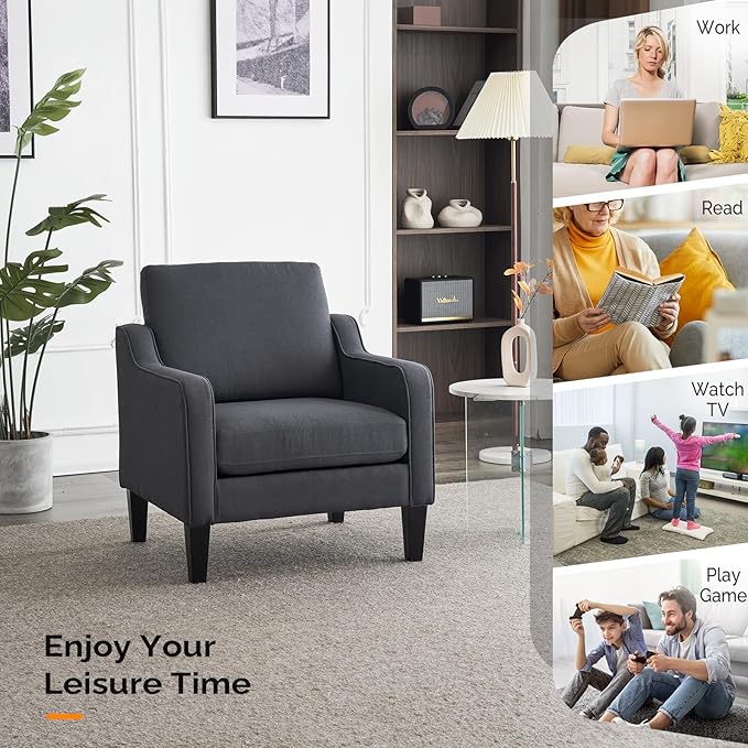 VINGLI Mid-Century Modern Accent Chair, Dark Grey Linen Upholstered, - Image 7