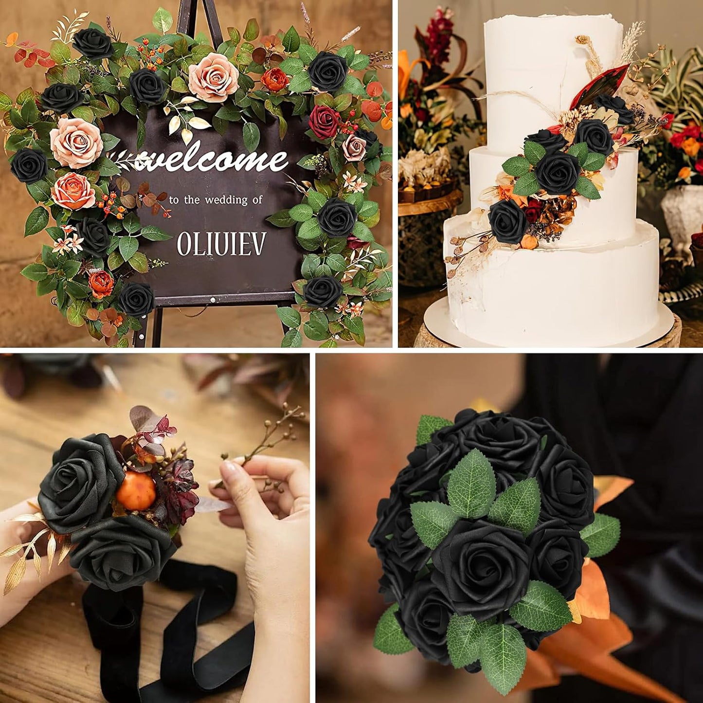 AmyHomie Artificial Flowers Black Rose 25pcs Real Looking Fake Roses w/Stem for DIY Wedding Bouquets Centerpieces Arrangements Party Baby Shower Home Decorations