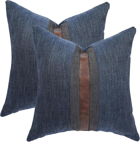 Set of 2 Leather Throw Pillow Covers Cotton Linen Decor Patchwork Pillow Cover by BOYSUM
