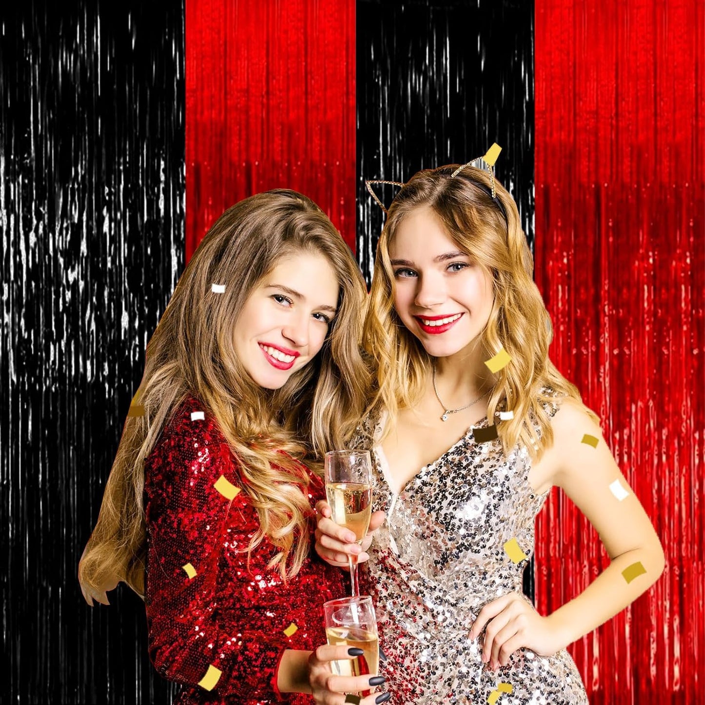 4P Metallic Foil Fringe Tinsel Table Skirts for Rectangle Tables Backdrop Banner Streamer Garland Curtains for Parade Floats Wedding Graduation Anniversary Birthday Parties Decoration (Black Red)