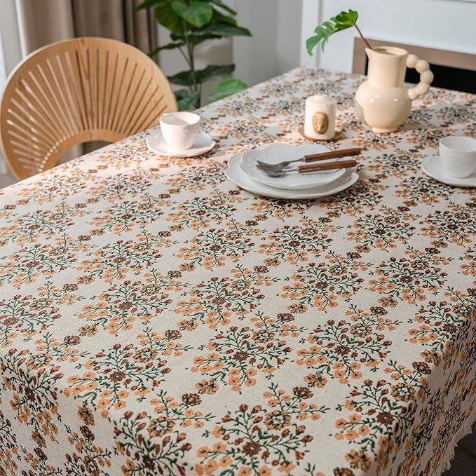 VClife Beige Floral Print Table Cloth, Linen Texture Tablecloth - Image 7