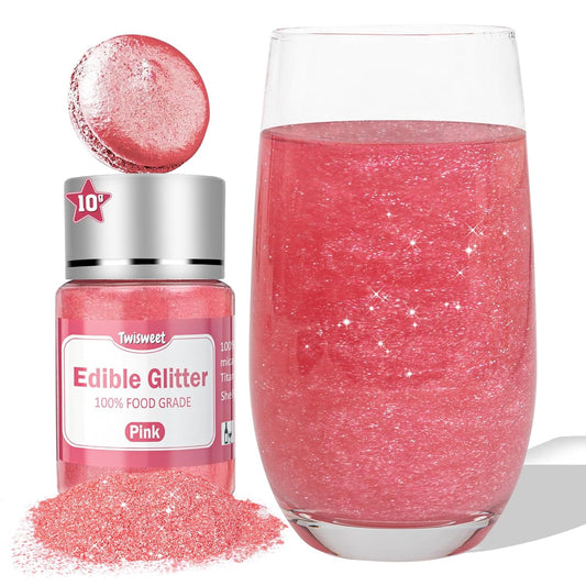 Twisweet Pink Edible Glitter for Drinks, Food Grade 10g Sparkling Sprinkles Cake Decorating Supplies, Edible Luster Dust for Cocktail Beverages, Food Coloring Shimmer Powder for Cupcakes Cookies Cake Decorations