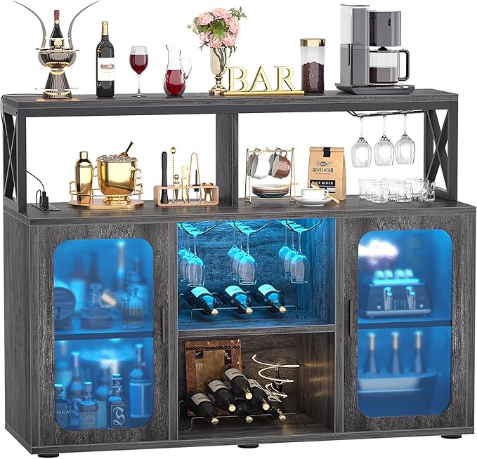 Aheaplus Bar Cabinet with Power Outlets, Liquor Cabinet with Led Lights and by Aheaplus