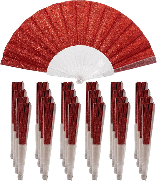24 Pack Handheld Fan,Folding Hand Glitter Fan with Shining Transparent Fan Rib – Ideal for Wedding, Church, Festival, Dance, Tea Party, Club, and EDM Accessories, Red