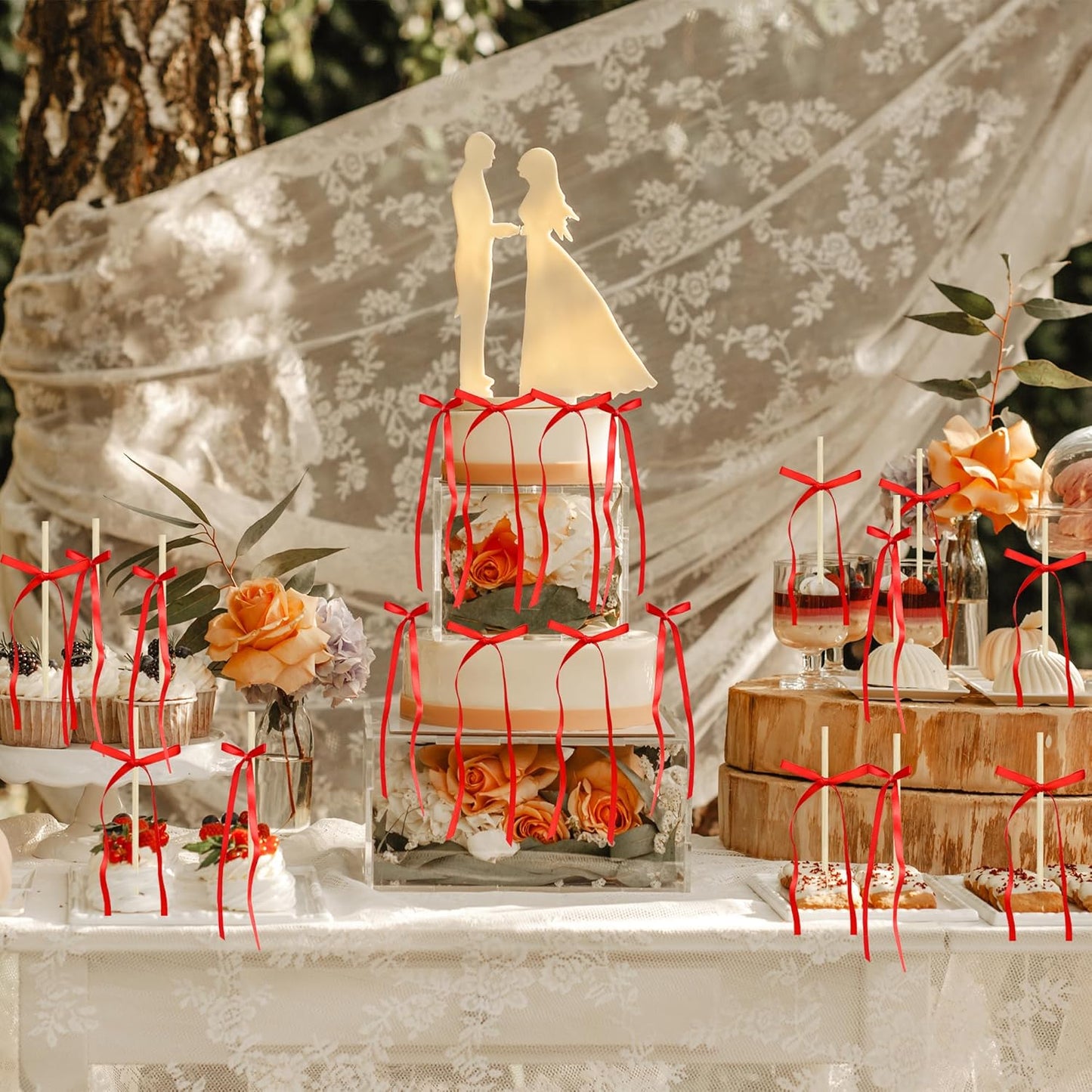 Ephlyn 30Pcs Bow Cupcake Toppers Valentine's Bowknot Ribbons Coquette Bow High Footed Cup Balloon Wall Party Decorations Cake Dessert Picks Baby Girl Birthday Wedding Party Supplies Red