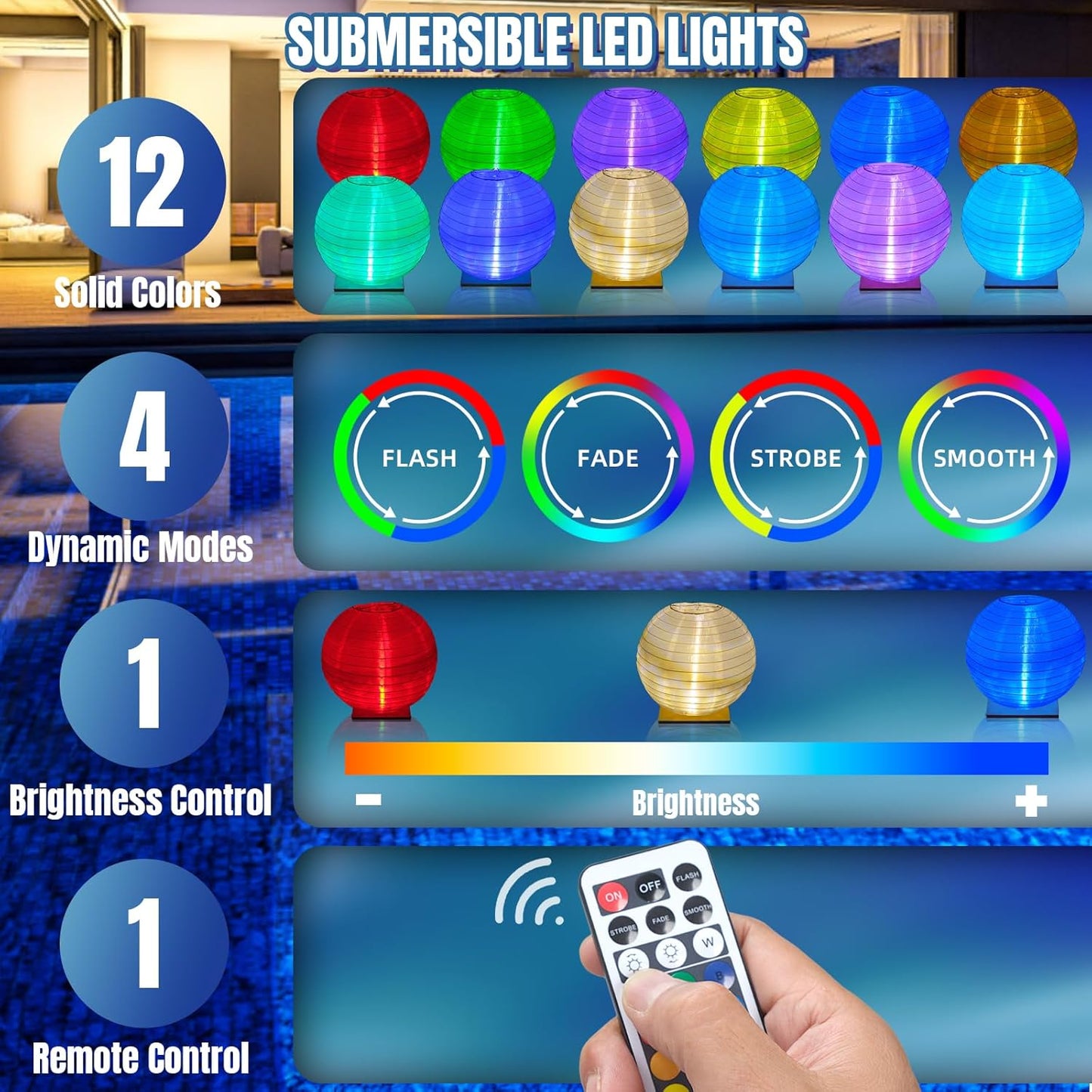 Floating Lanterns LED Pool Lights,IP68 Waterproof Pool Lights That Float ,13 Color Changes by Remote Control for Pool Decor,Outdoor Party,Wedding (2Pcs - 20 inches)